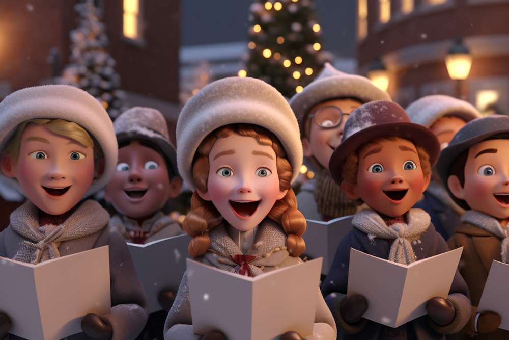 Symbolbild: Singende Kinder mit Christbaum im Hintergrund